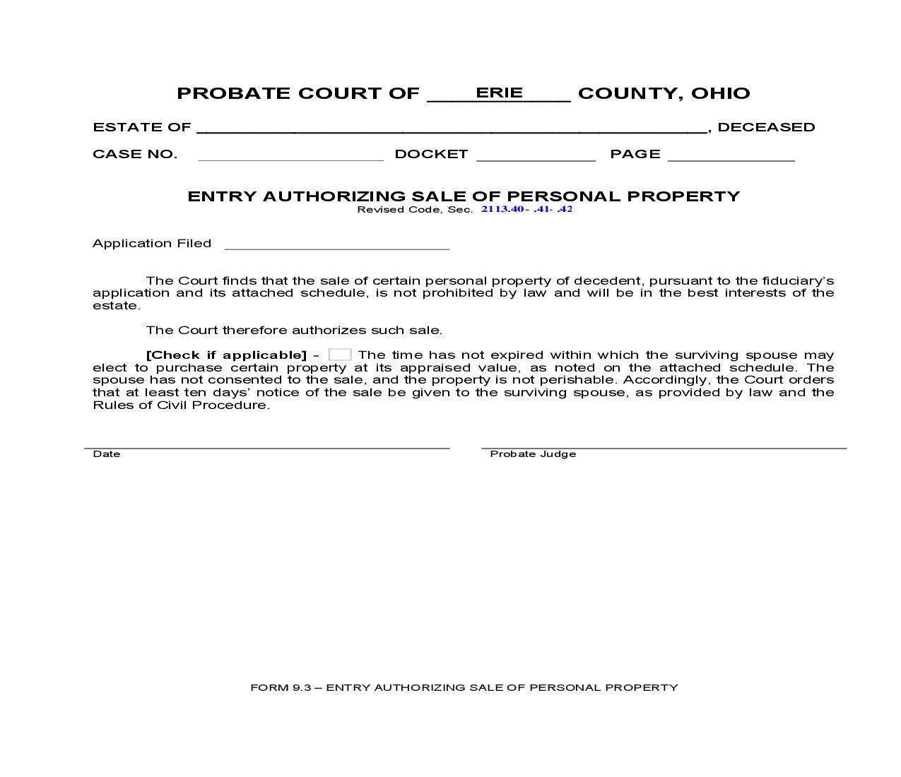 Entry Authorizing Sale Of Personal Property {9.3} | Pdf Fpdf Doc Docx | Ohio