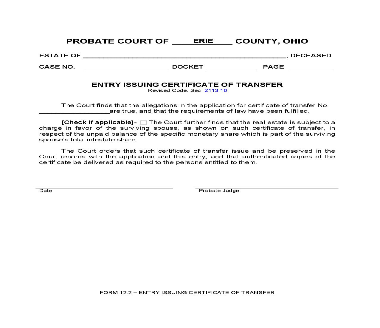Entry Issuing Certificate Of Transfer {12.2} | Pdf Fpdf Doc Docx | Ohio