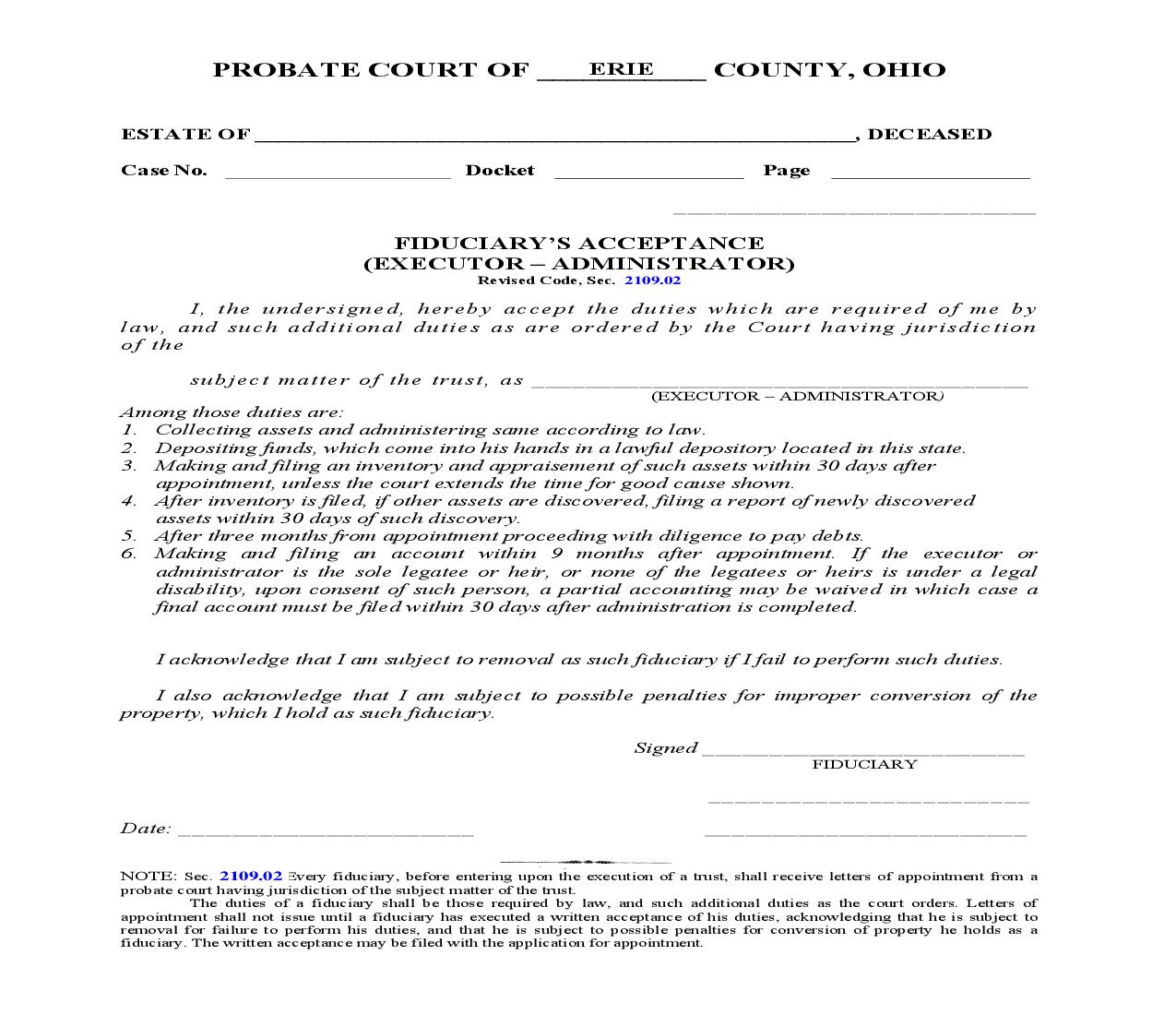 Fiduciarys Acceptance Executor Administrator | Pdf Fpdf Doc Docx | Ohio