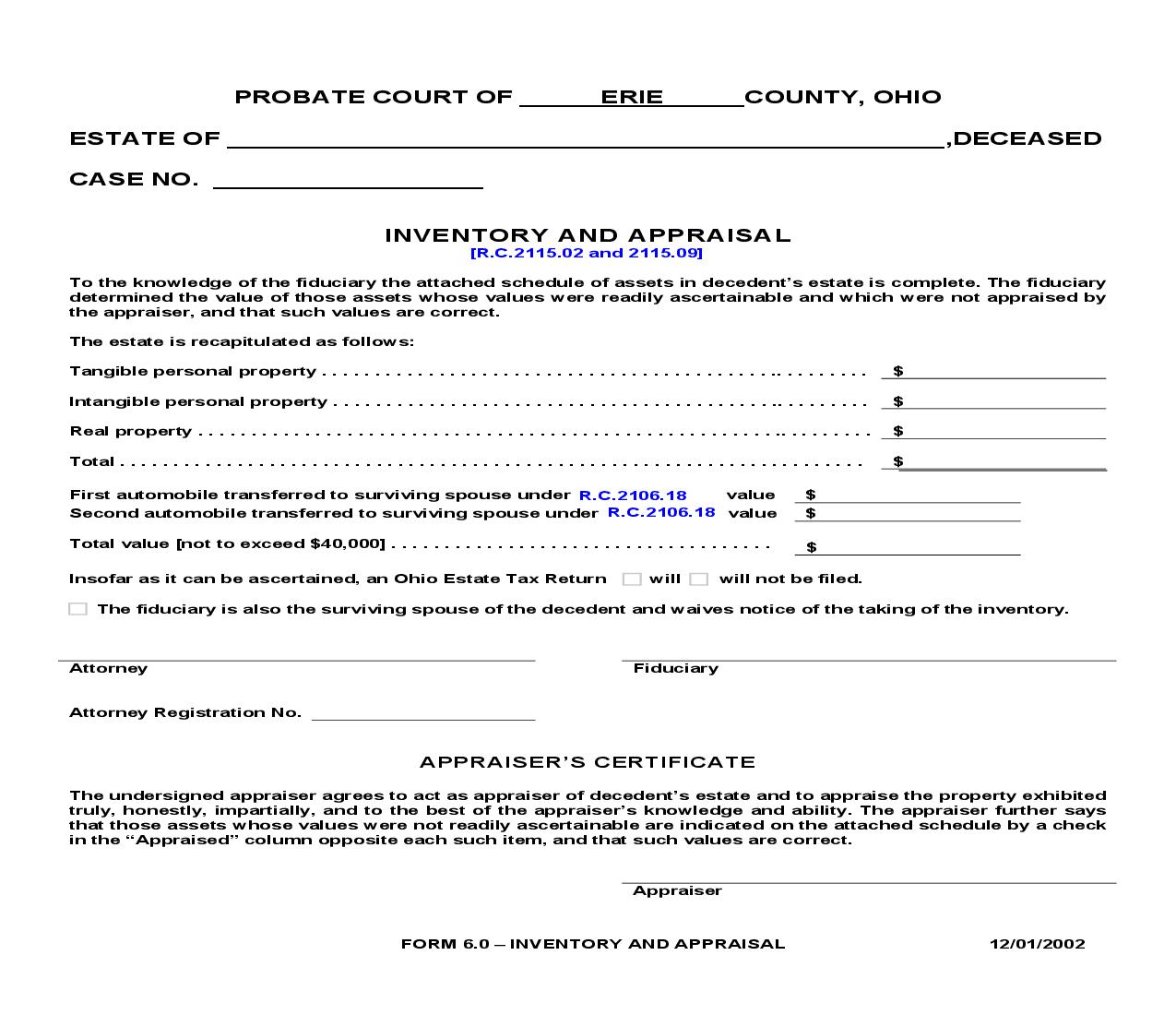 Inventory And Appraisal {6.0} | Pdf Fpdf Doc Docx | Ohio