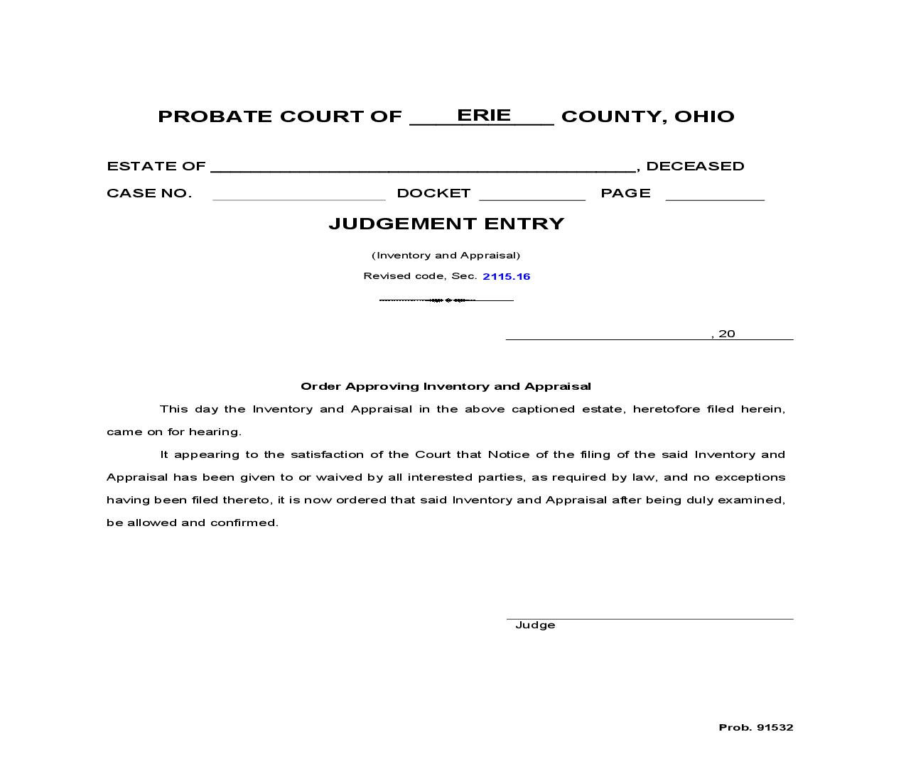 Judgement Entry Inventory And Appraisal {Prob 91532} | Pdf Fpdf Doc Docx | Ohio