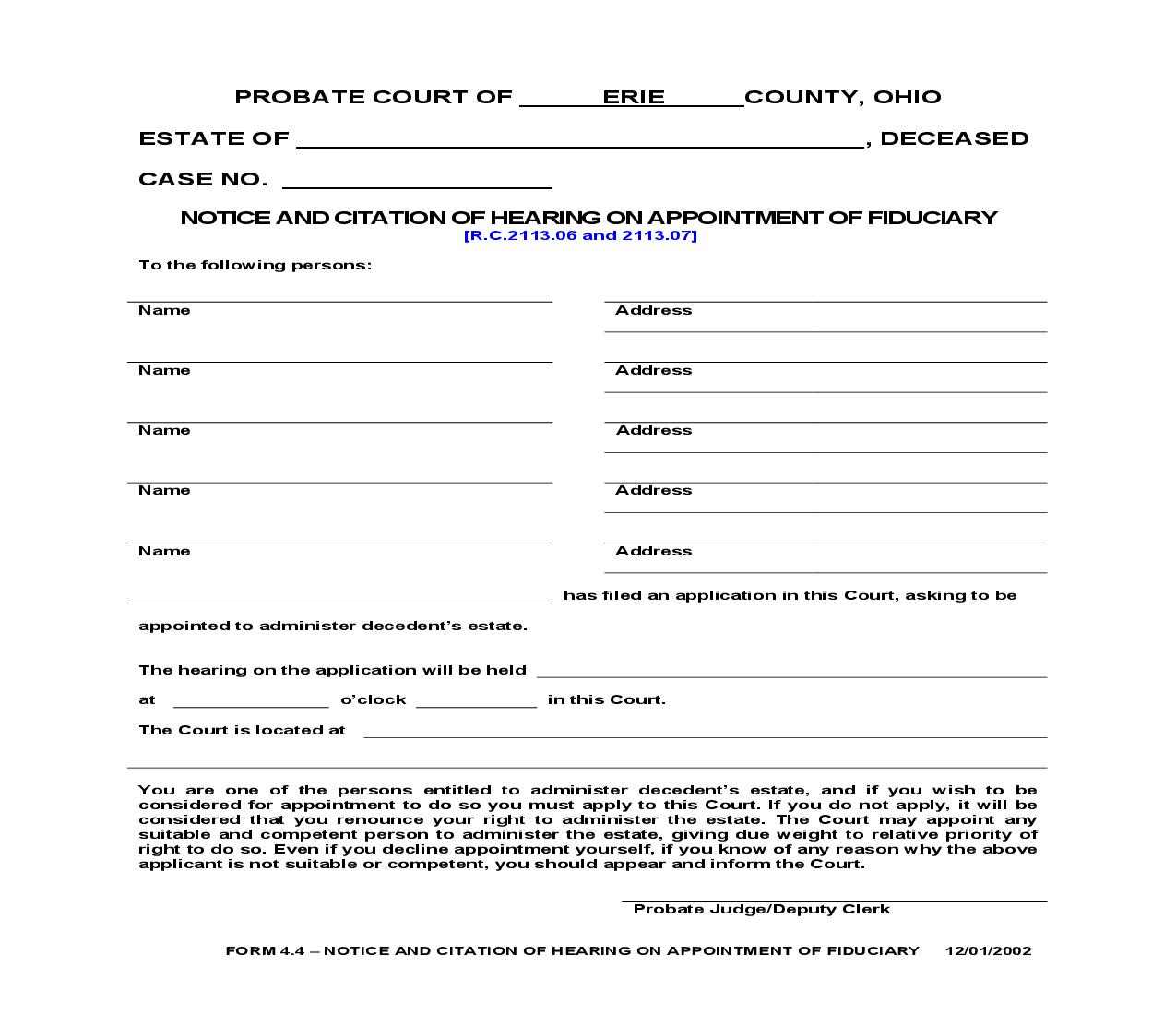 Notice And Citation Of Hearing On Appointment Of Fiduciary {4.4} | Pdf Fpdf Doc Docx | Ohio