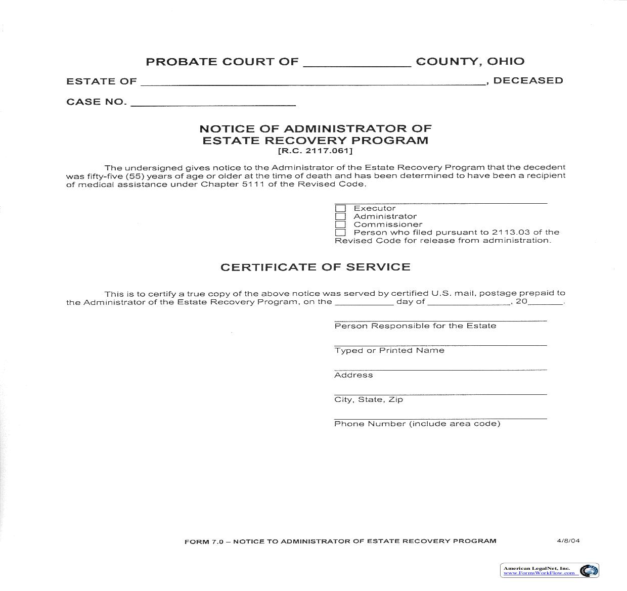 Notice Of Administrator Of Estate Recovery Program {7.0} | Pdf Fpdf Doc Docx | Ohio