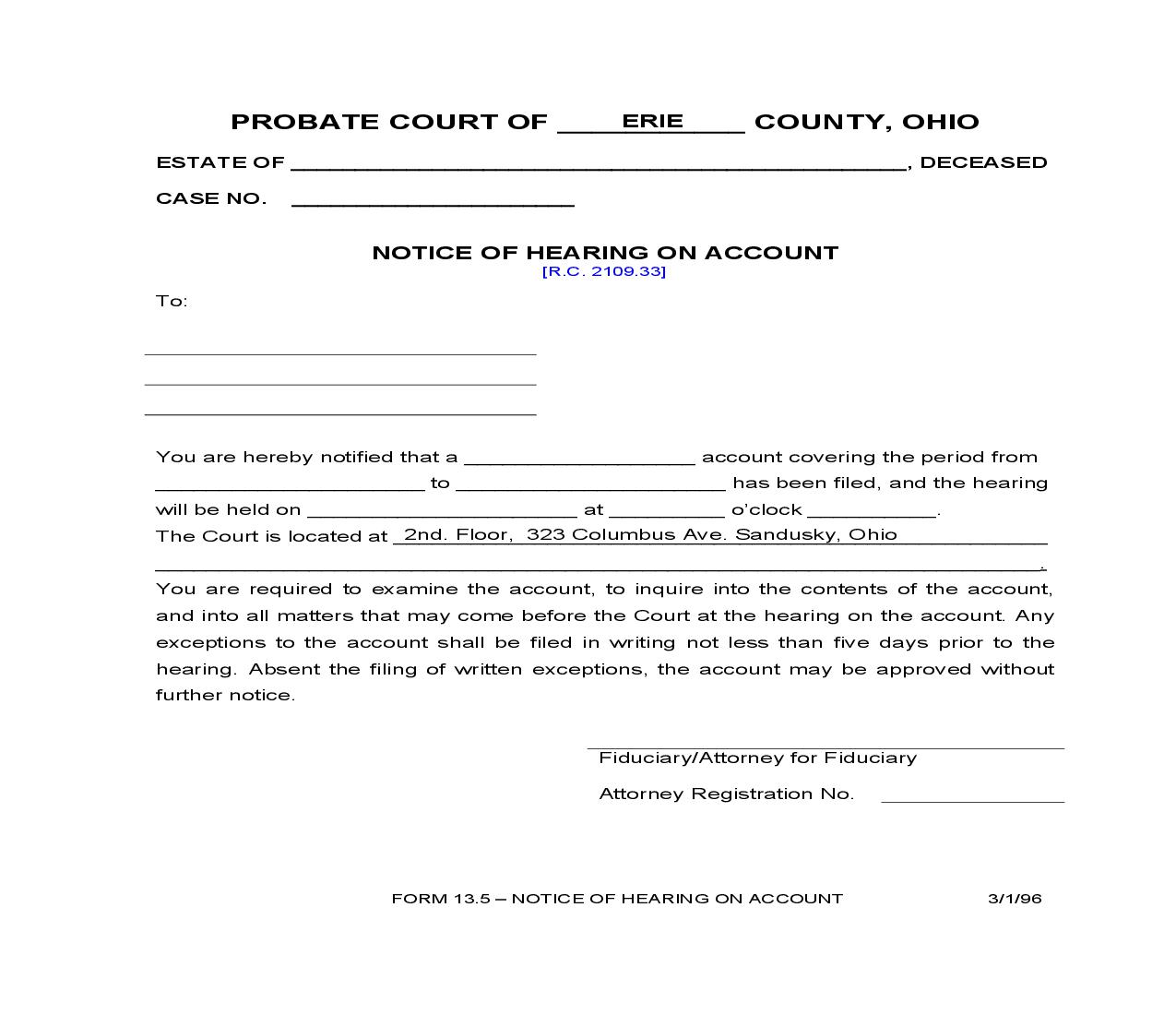 Notice Of Hearing On Account {13.5} | Pdf Fpdf Doc Docx | Ohio