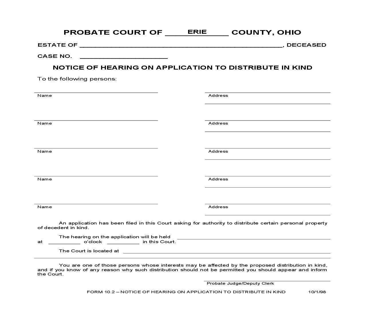 Notice Of Hearing On Application To Distribute In Kind {10.2} | Pdf Fpdf Doc Docx | Ohio