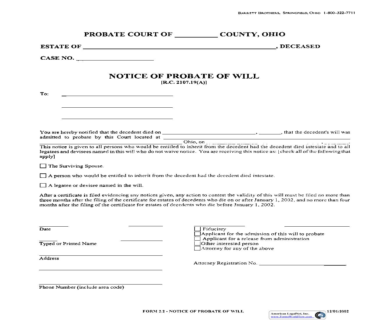 Notice Of Probate Of Will {2.2} | Pdf Fpdf Doc Docx | Ohio