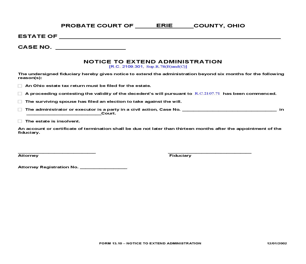 Notice To Extend Administration {13.10} | Pdf Fpdf Doc Docx | Ohio