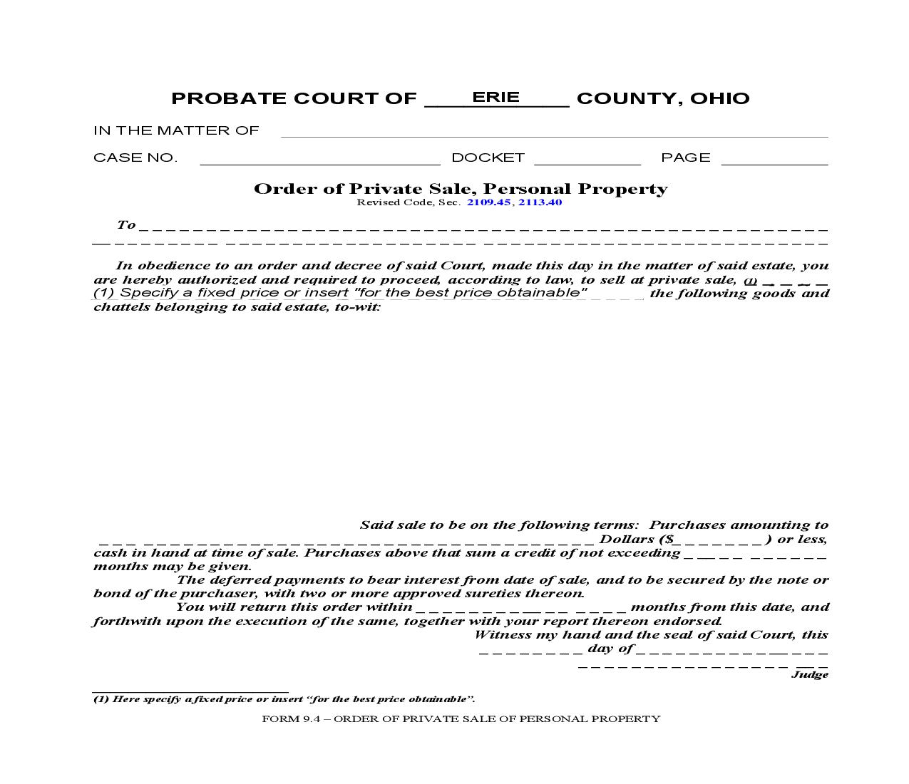 Order Of Private Sale Personal Property {9.4} | Pdf Fpdf Doc Docx | Ohio