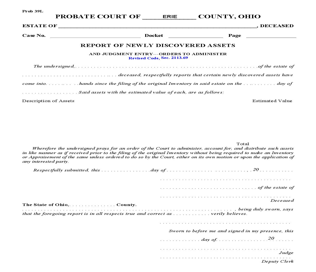 Report Of Newly Discovered Assets {Prob 39L} | Pdf Fpdf Doc Docx | Ohio