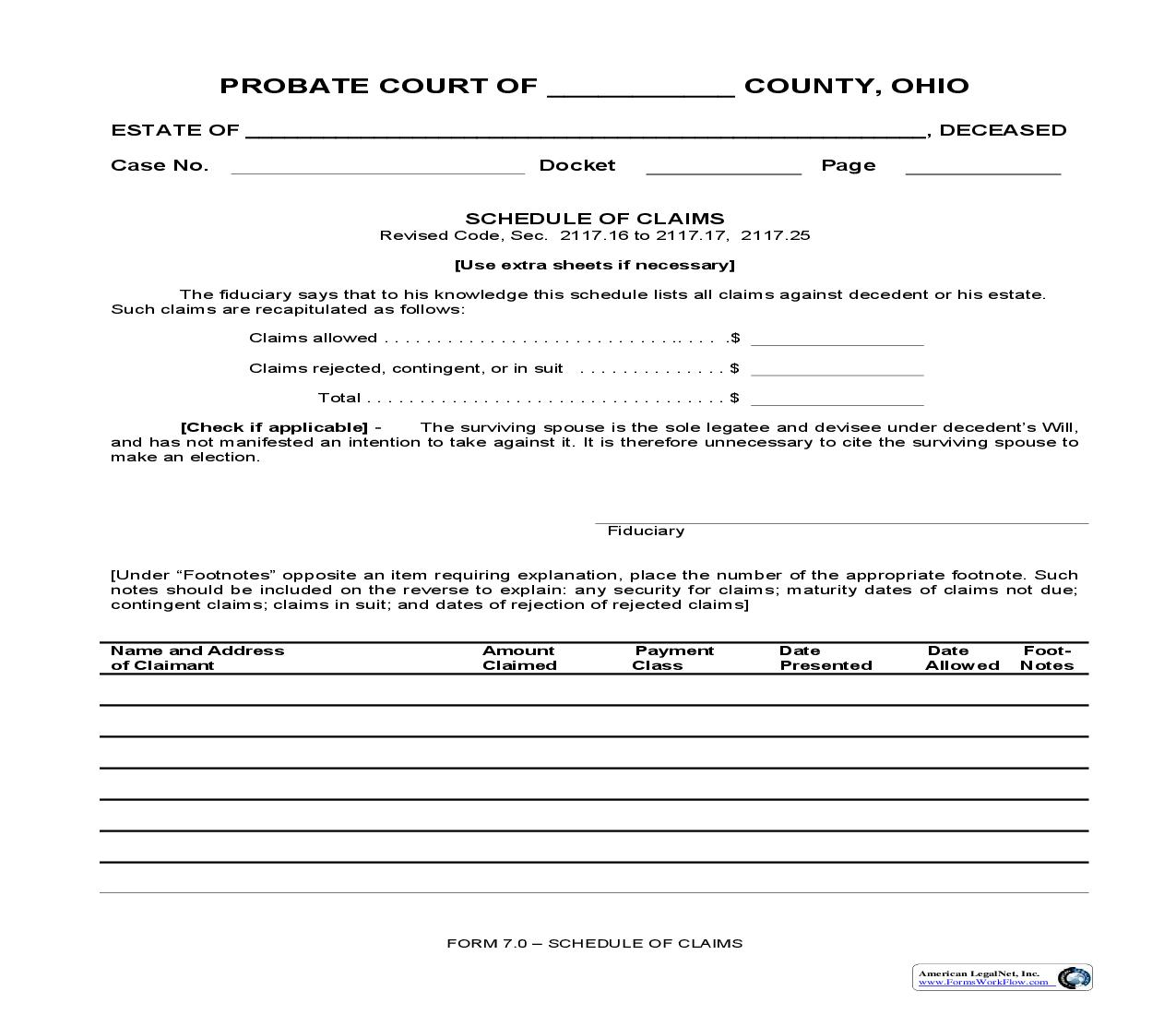 Schedule Of Claims {7.0A} | Pdf Fpdf Doc Docx | Ohio