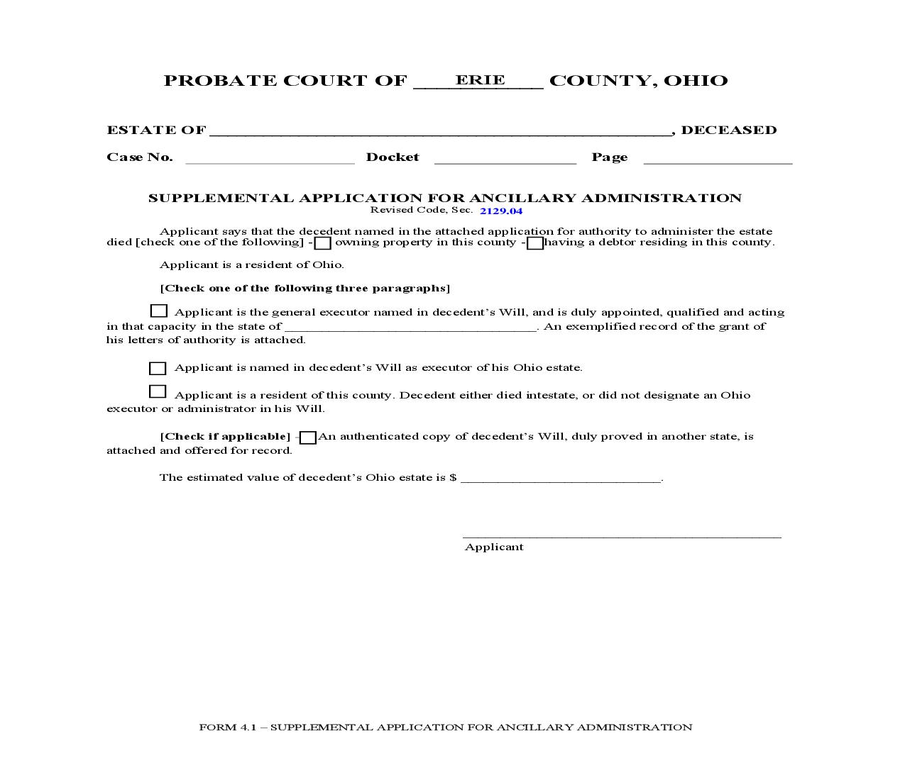 Supplemental Application For Ancillary Administration {4.1} | Pdf Fpdf Doc Docx | Ohio