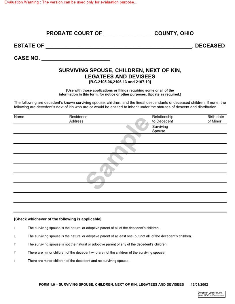 Surviving Spouse Next Of Kin Legatees And Devisees {1.0} | Pdf Fpdf Doc Docx | Ohio