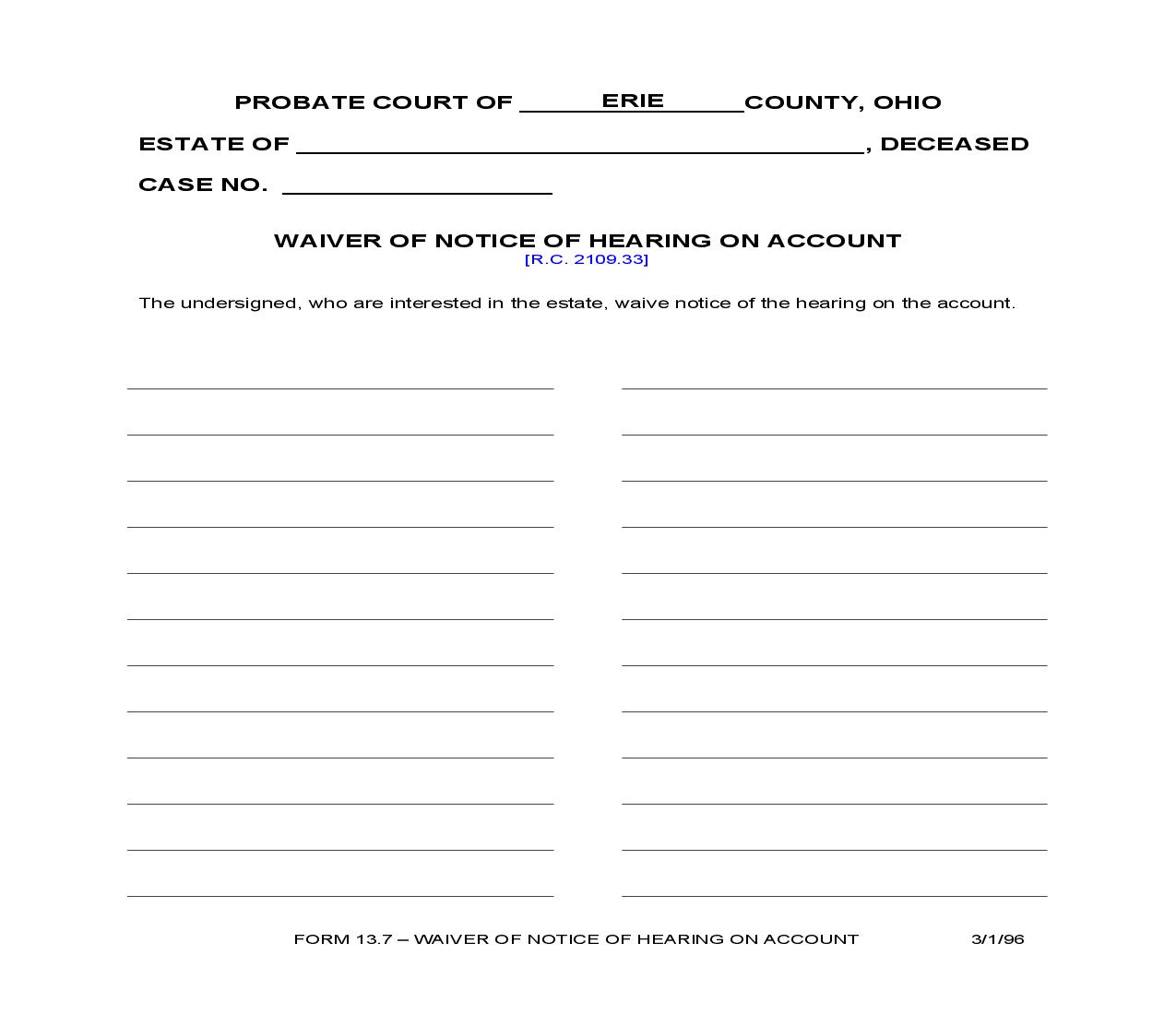 Waiver Of Notice Of Hearing On Account {13.7} | Pdf Fpdf Doc Docx | Ohio