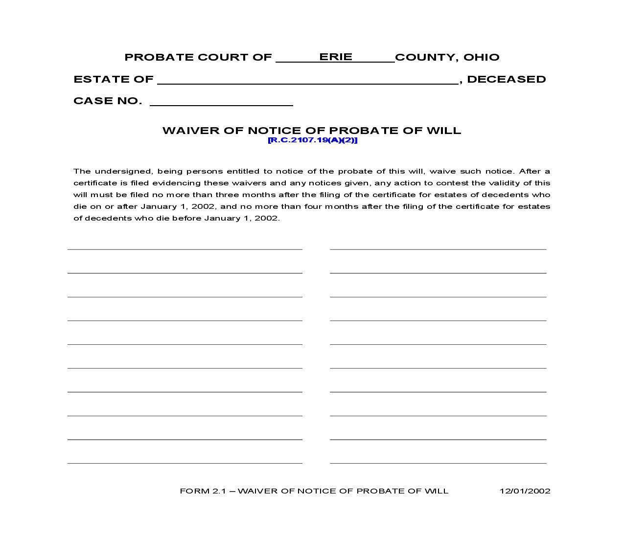 Waiver Of Notice Of Probate of Will {2.1} | Pdf Fpdf Doc Docx | Ohio