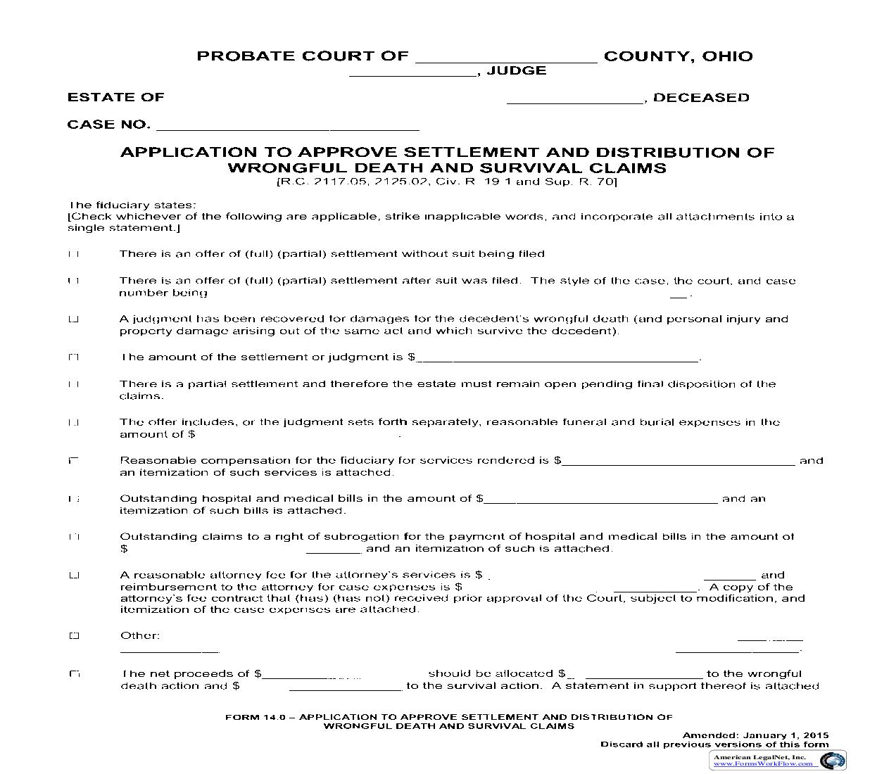 Application To Approve Settlement And Distribution Of Wrongful Death And Survival Claims {14.0} | Pdf Fpdf Doc Docx | Ohio