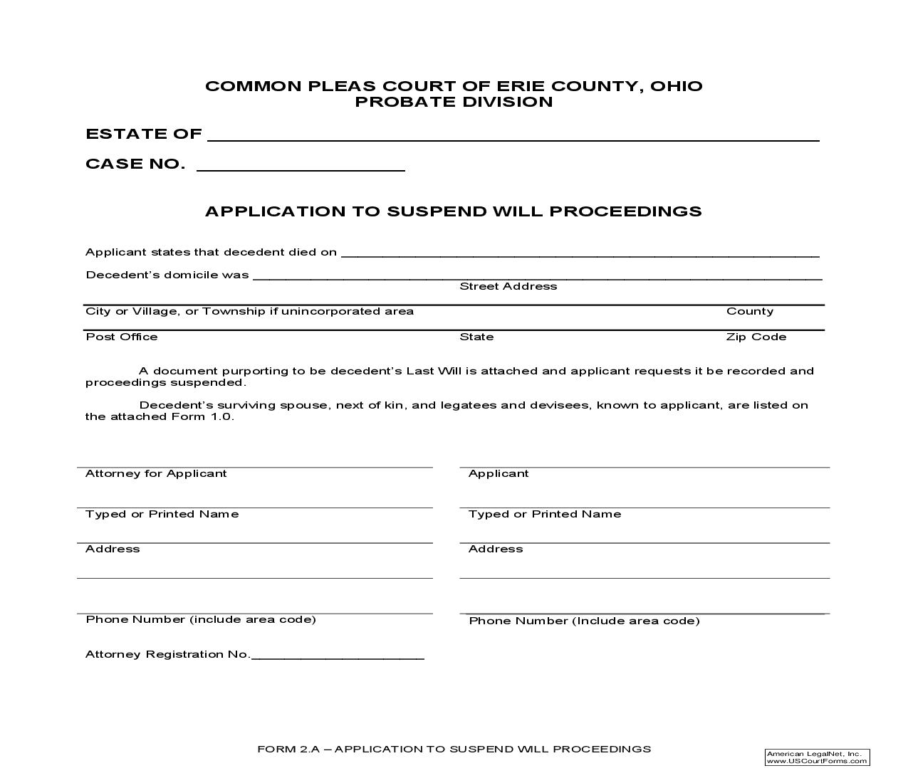 Application To Suspend Will Proceedings {2.A} | Pdf Fpdf Doc Docx | Ohio