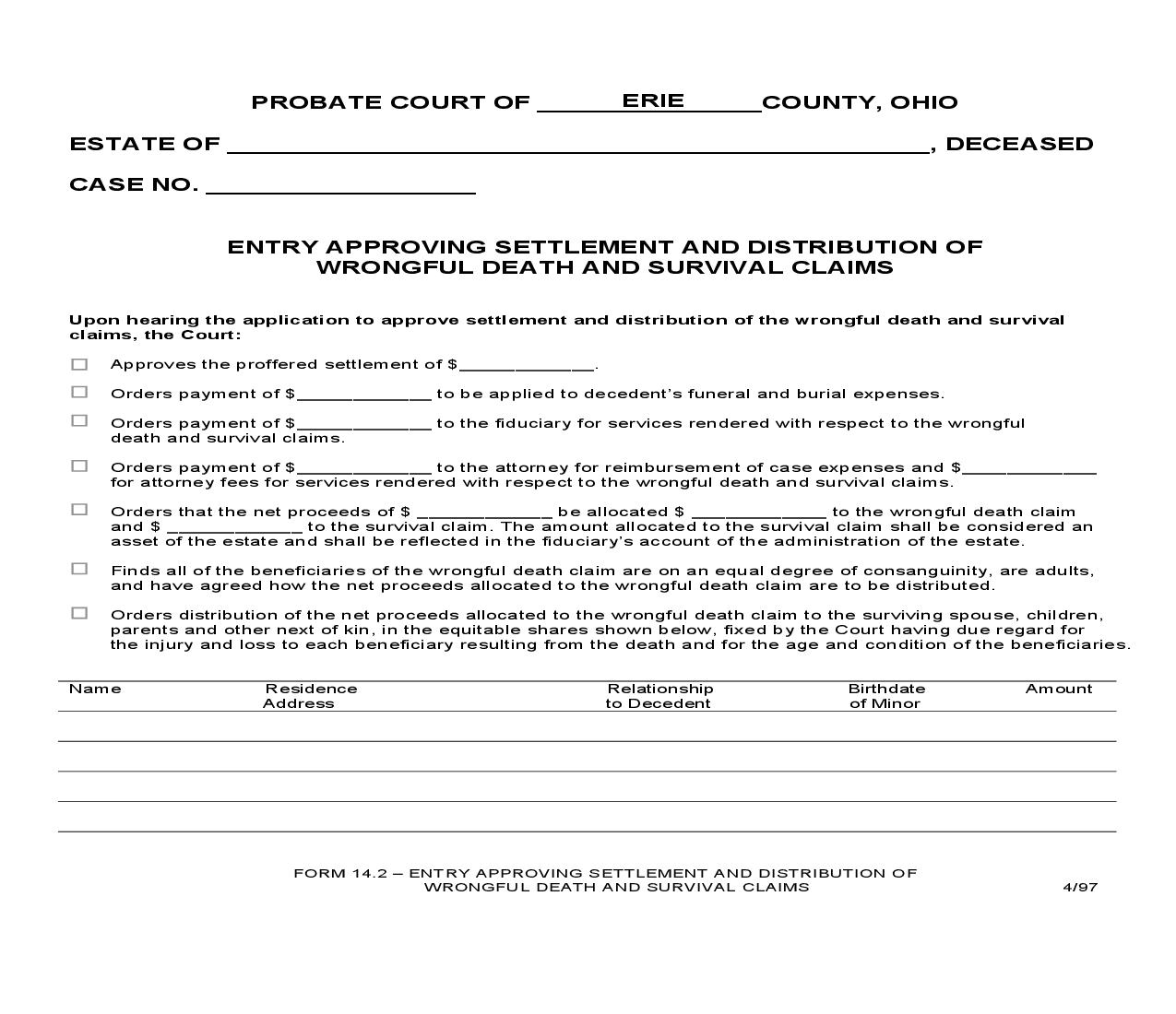 Entry Approving Settlement And Distribution Of Wrongful Death And Survival Claims {14.2} | Pdf Fpdf Doc Docx | Ohio