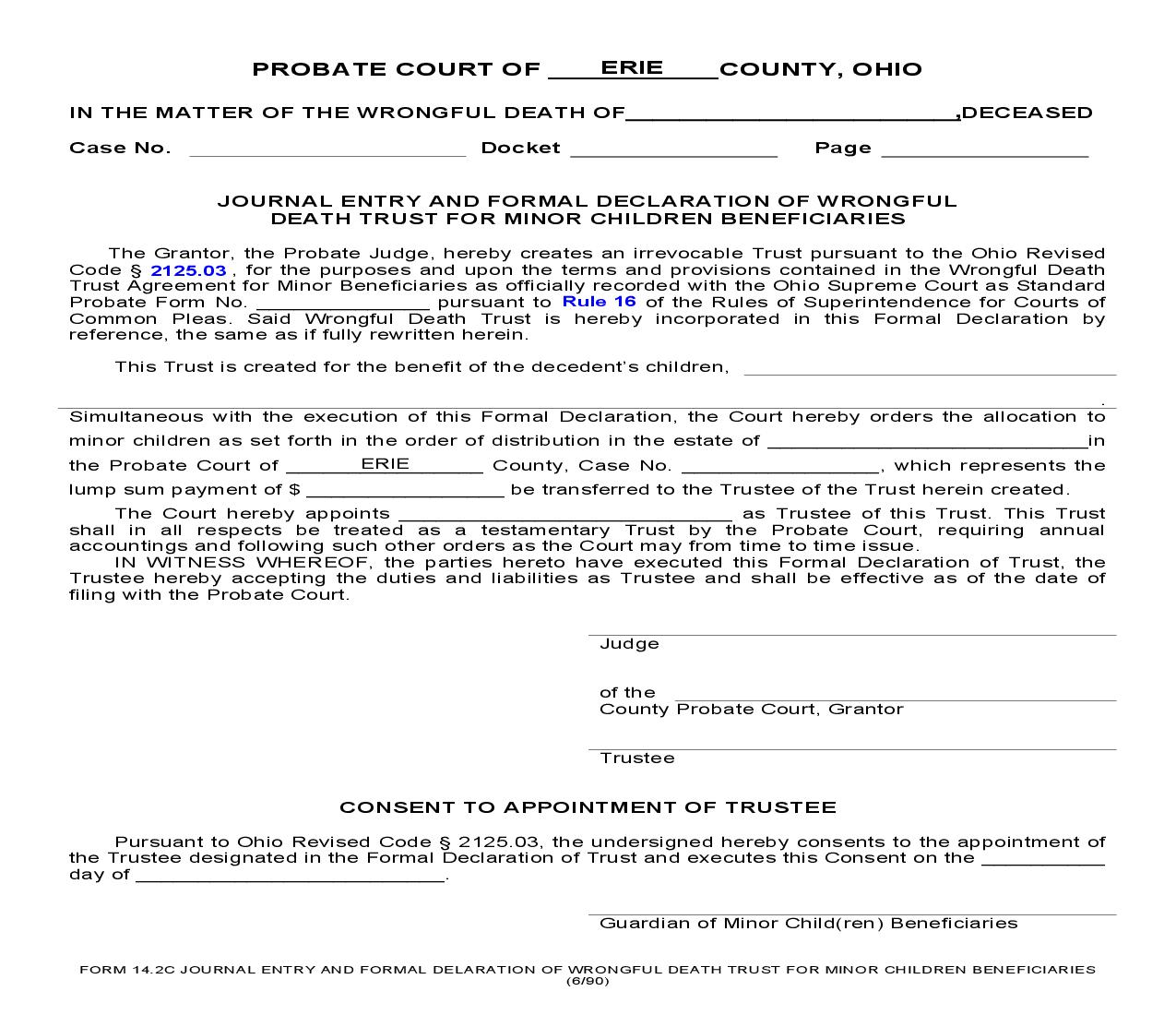 Journal Entry And Formal Declaration Of Wrongful Death Trust For Minor Children Beneficiaries {14.2C} | Pdf Fpdf Doc Docx | Ohio