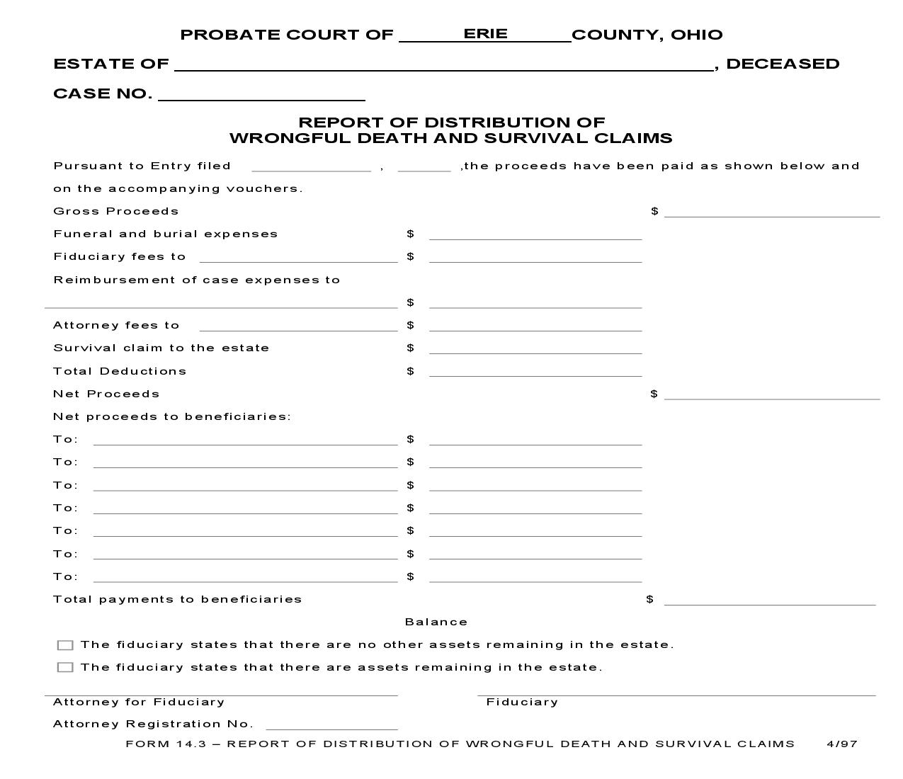 Report Of Distribution Of Wrongful Death And Survival Claims {14.3} | Pdf Fpdf Doc Docx | Ohio