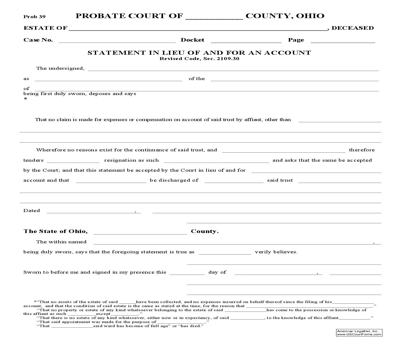 Statement in Lieu Of And For An Account {39} | Pdf Fpdf Doc Docx | Ohio
