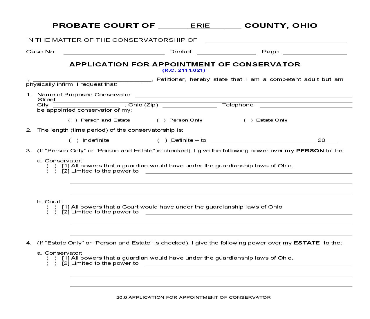 Application For Appointment Of Conservator {20.0} | Pdf Fpdf Doc Docx | Ohio