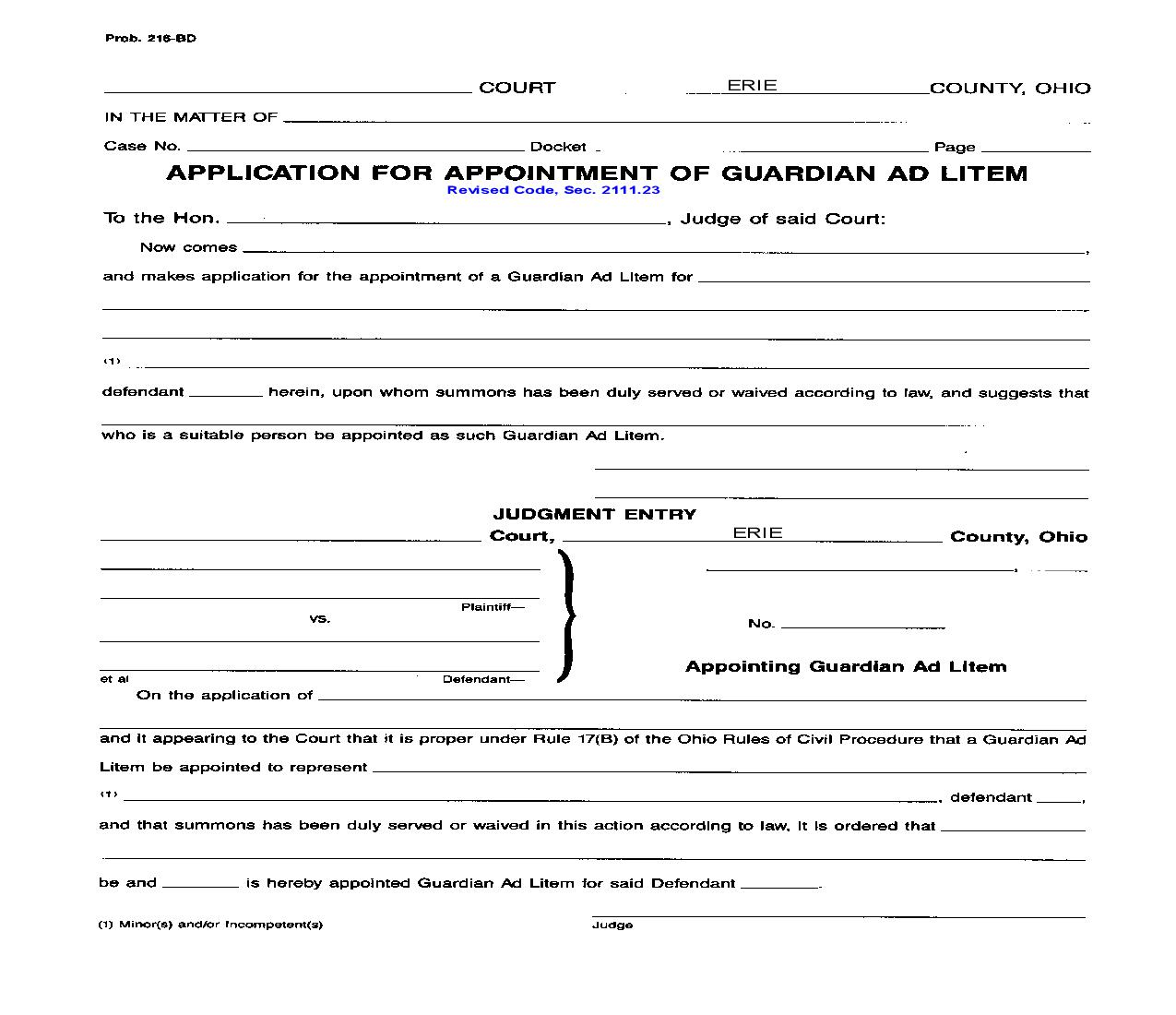 Application For Appointment Of Guardian Ad Litem {Prob 216-BD} | Pdf Fpdf Doc Docx | Ohio