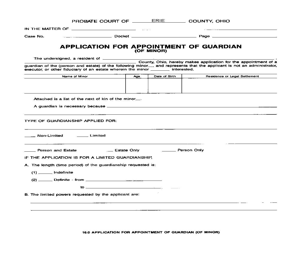 Application For Appointment Of Guardian Of Minor {16.0} | Pdf Fpdf Doc Docx | Ohio