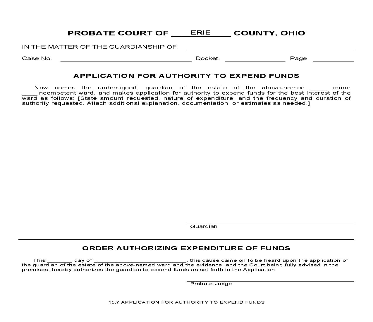 Application For Authority To Expend Funds {15.7} | Pdf Fpdf Doc Docx | Ohio