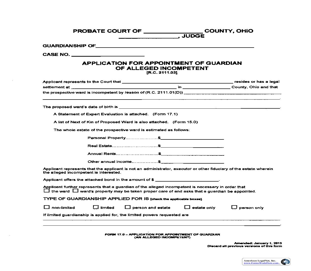 Application for Appointment of Guardian An Alleged Incompetent {17.0} | Pdf Fpdf Doc Docx | Ohio