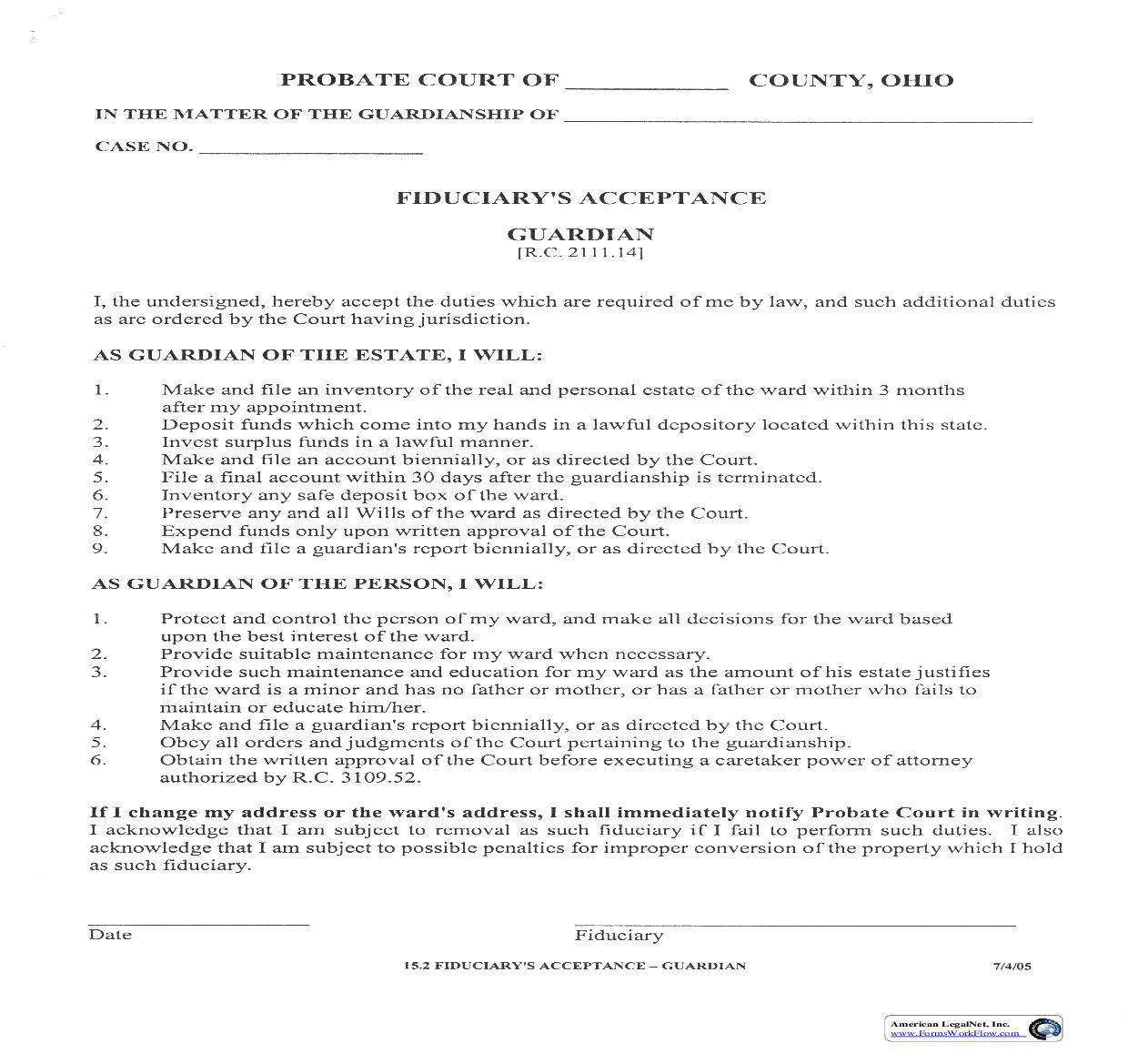 Fiduciarys Acceptance Guardian {15.2} | Pdf Fpdf Doc Docx | Ohio