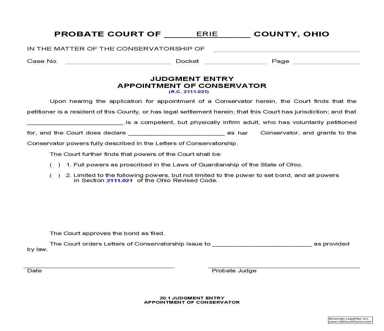 Judgment Entry Appointment Of Conservator {20.1} | Pdf Fpdf Doc Docx | Ohio
