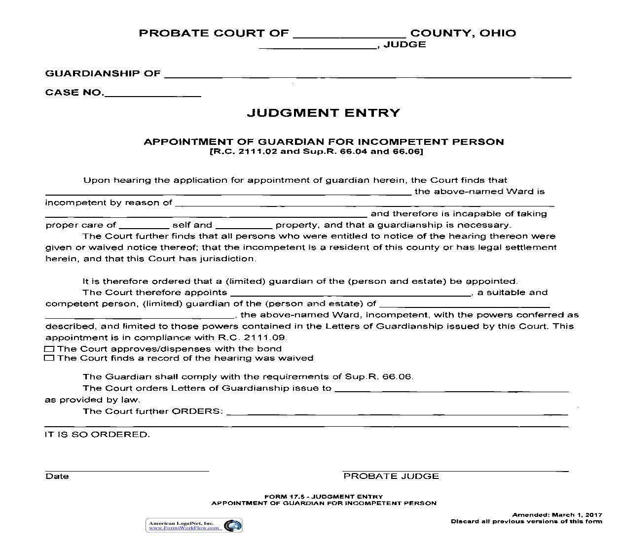 Judgment Entry Appointment Of Guardian For Incompetent Person {17.5} | Pdf Fpdf Doc Docx | Ohio
