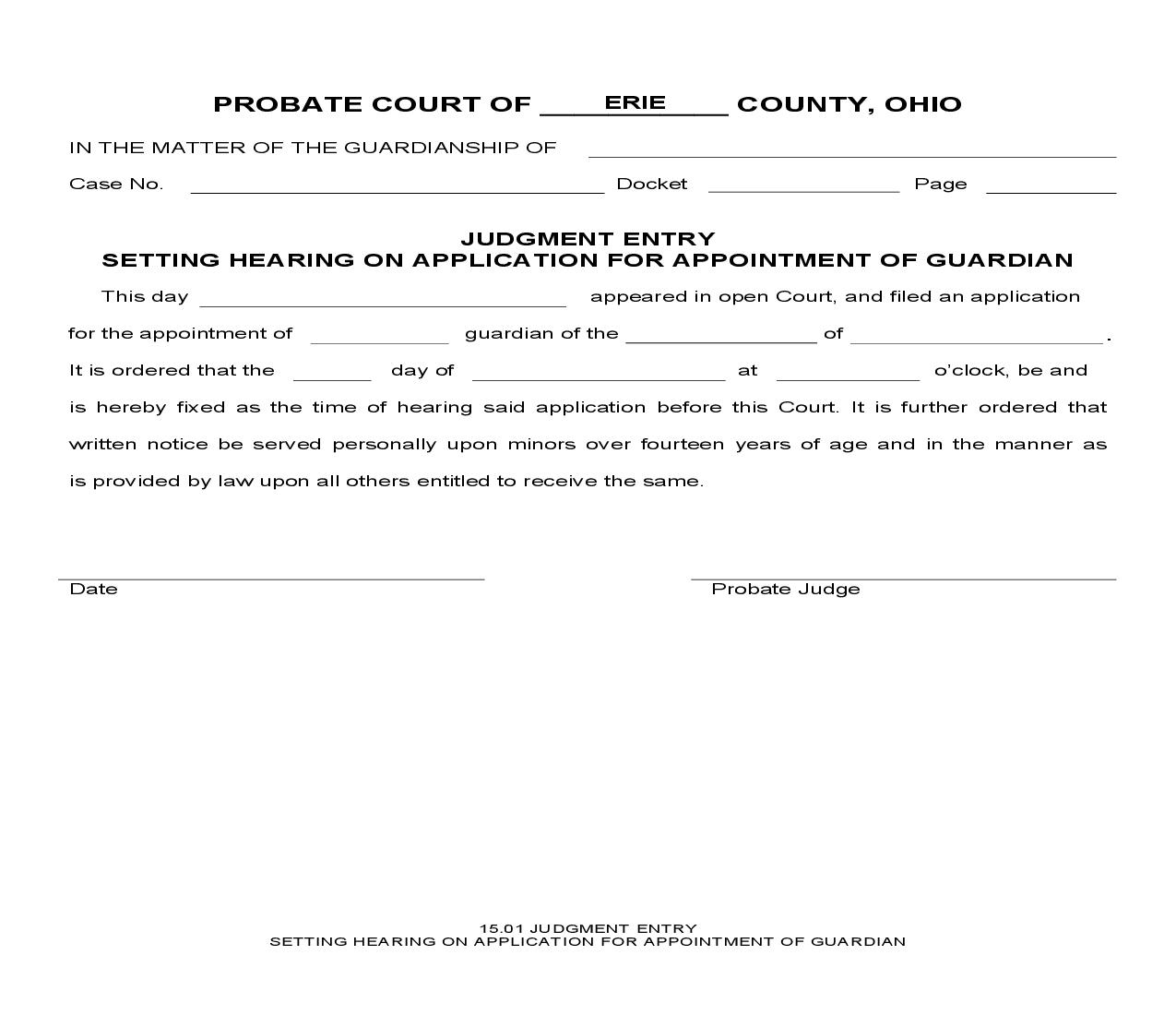 Judgment Entry Setting Hearing On Application For Appointment Of Guardian {15.01} | Pdf Fpdf Doc Docx | Ohio
