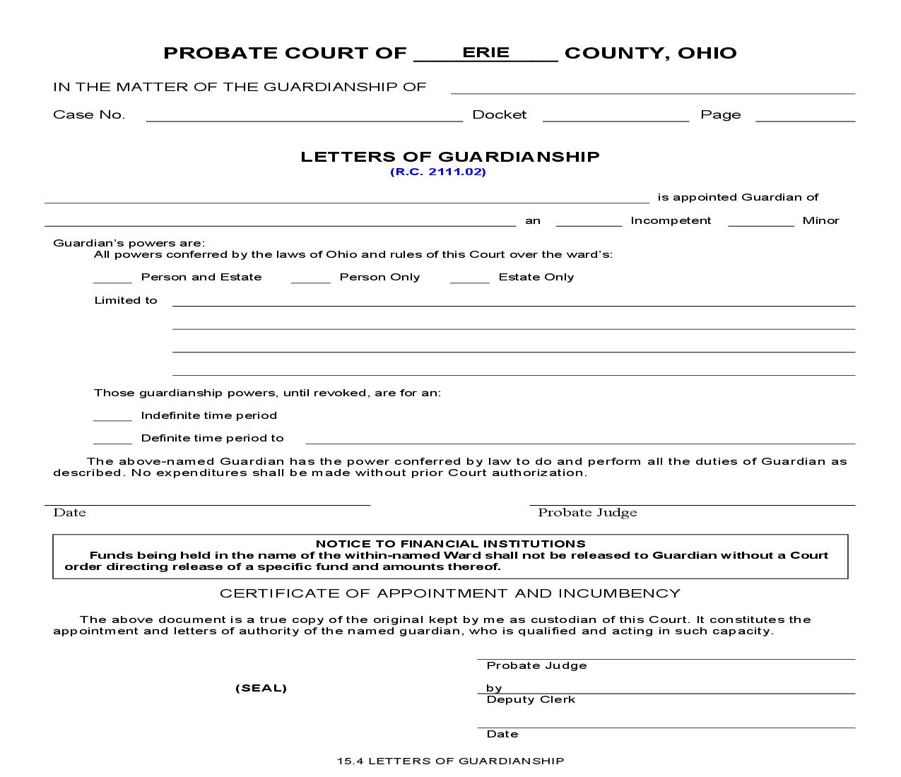 Letters Of Guardianship {15.4} | Pdf Fpdf Doc Docx | Ohio