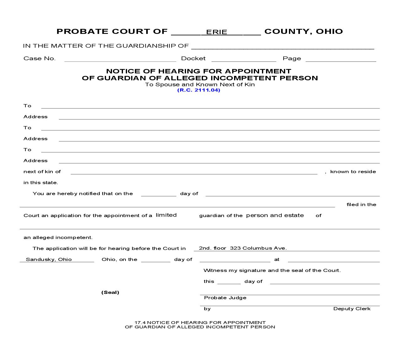 Notice Of Hearing For Appointment Of Guardian Of Alleged Incompetent Person {17.4} | Pdf Fpdf Doc Docx | Ohio