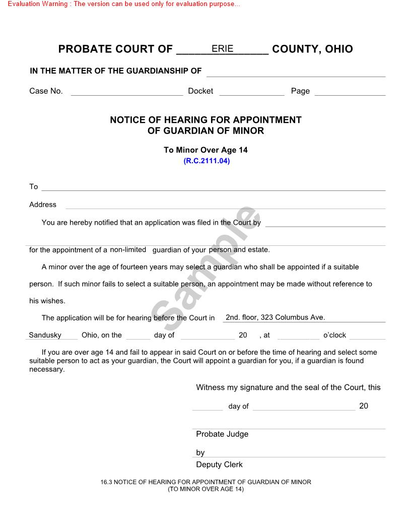 Notice Of Hearing For Appointment Of Guardian Of Minor To Minor Over Age 14 {16.3} | Pdf Fpdf Doc Docx | Ohio