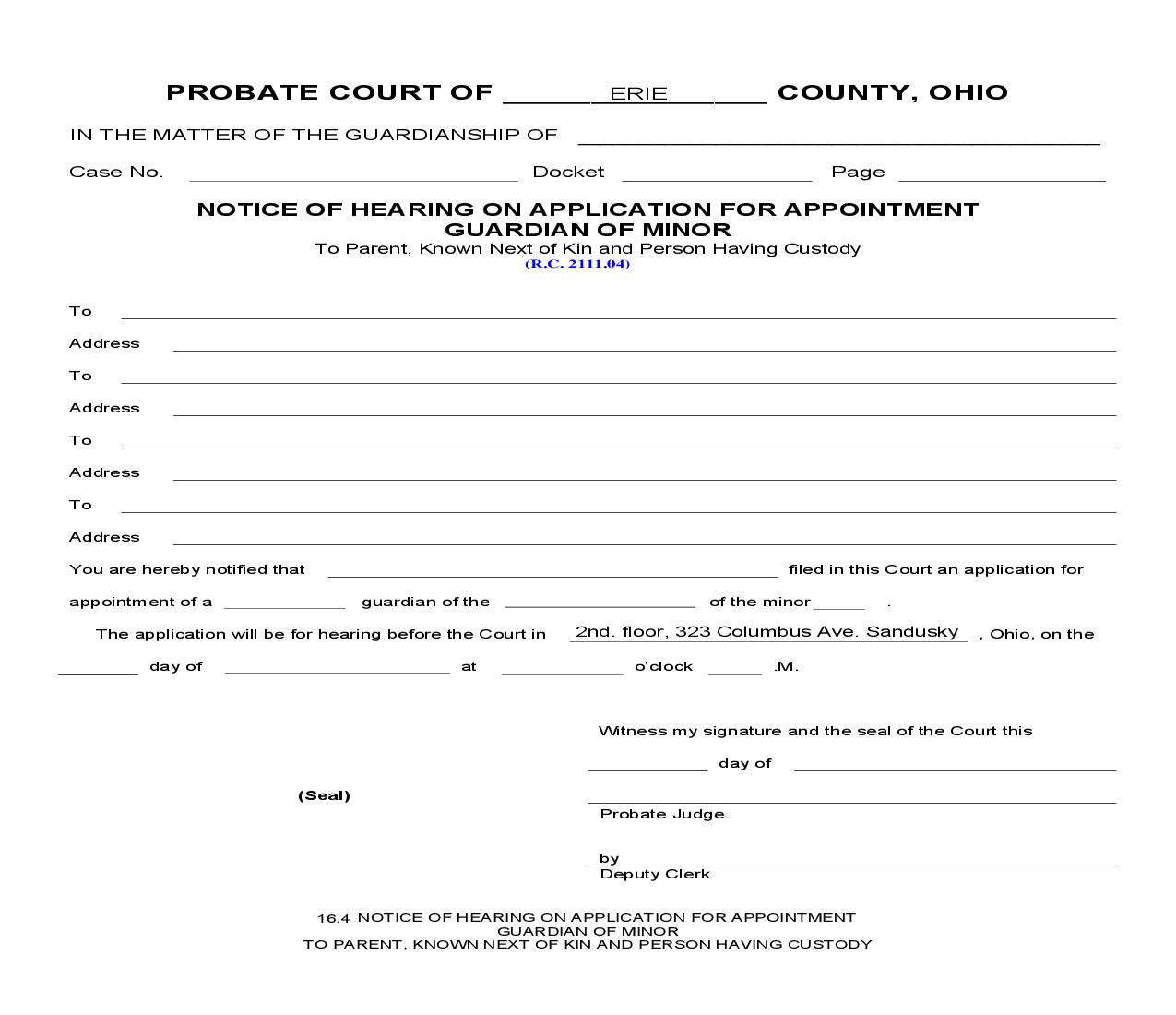 Notice Of Hearing On Application For Appointment Guardian Of Minor {16.4} | Pdf Fpdf Doc Docx | Ohio