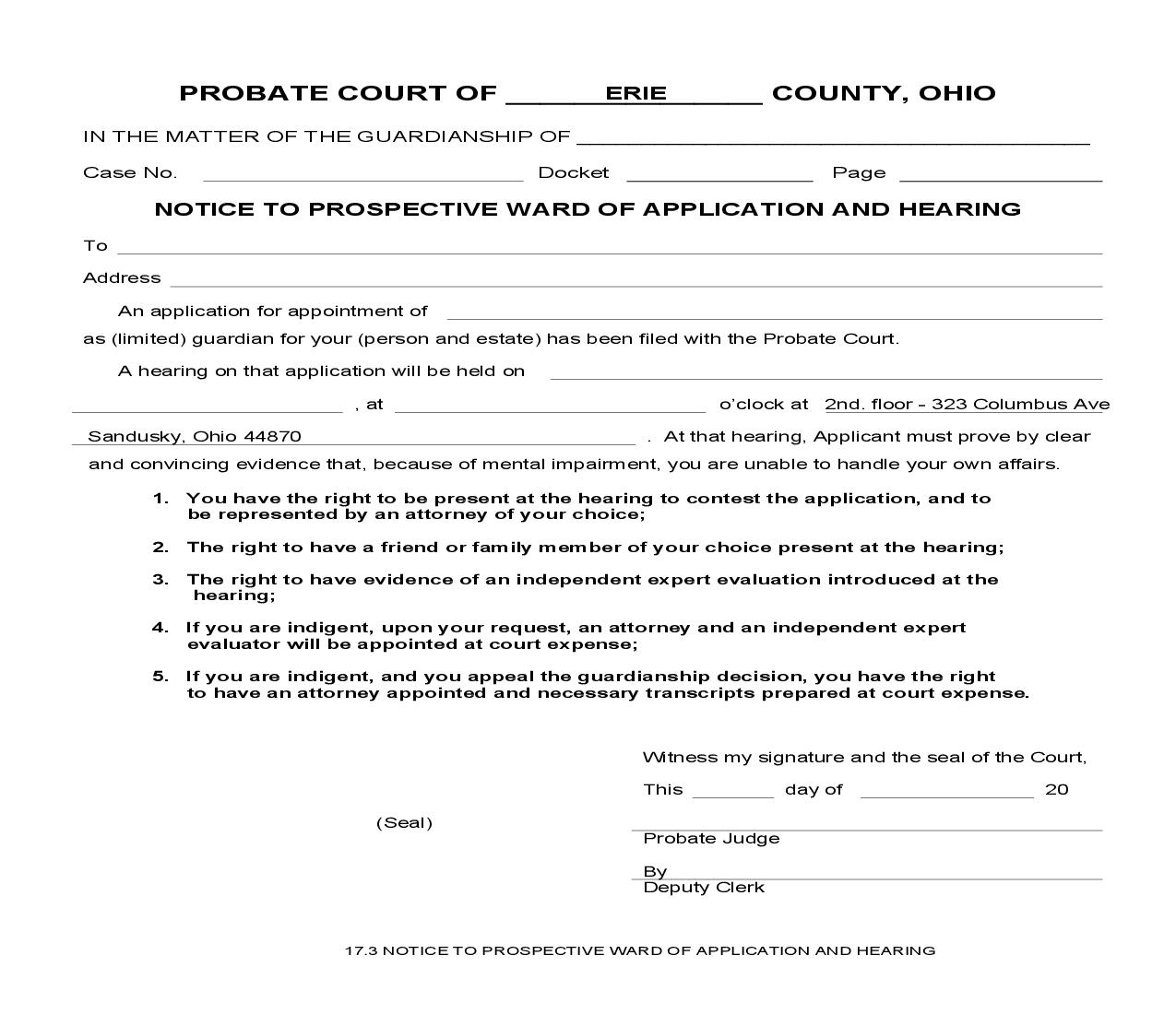 Notice To Prospective Ward Of Application And Hearing {17.3} | Pdf Fpdf Doc Docx | Ohio