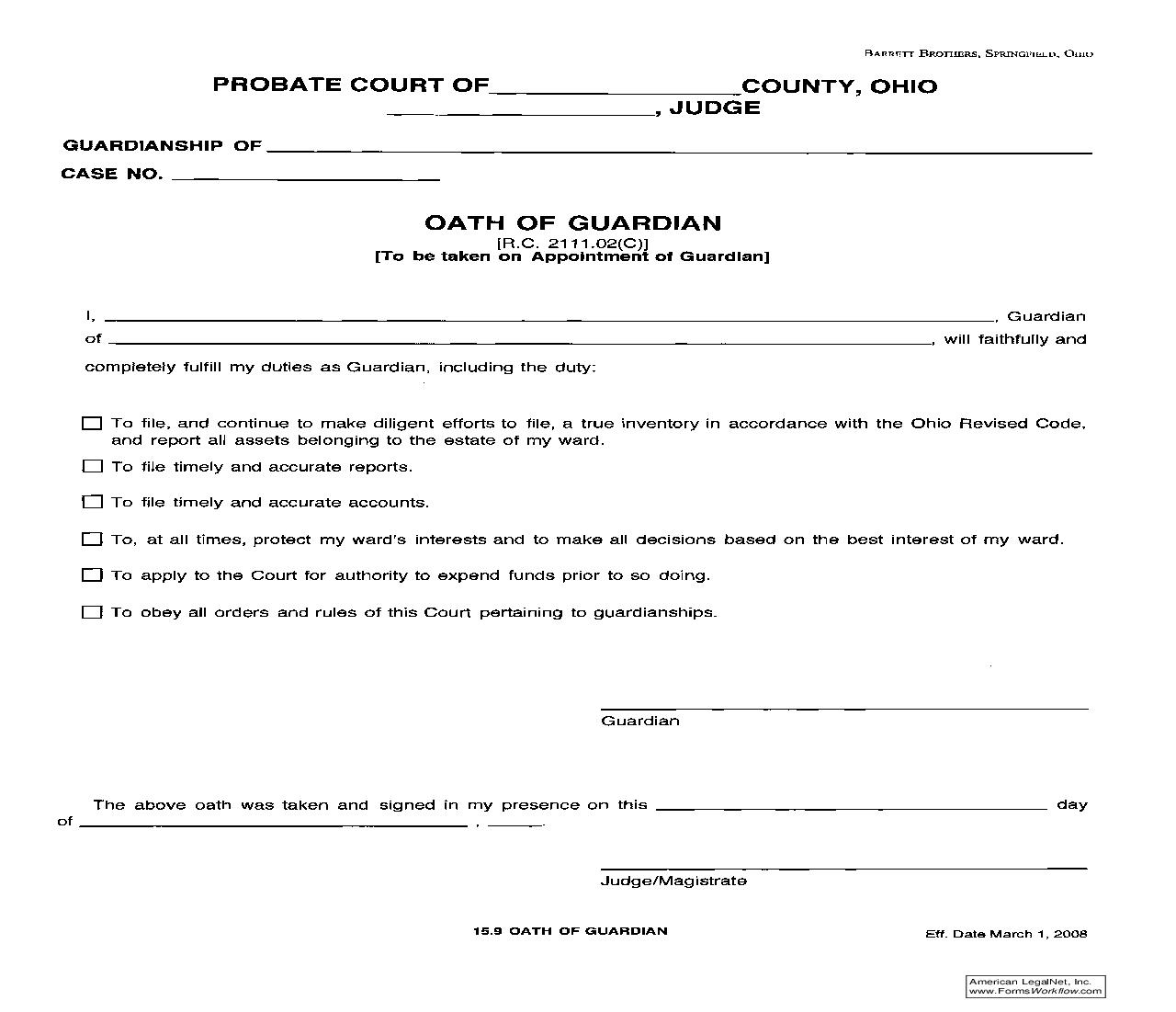 Oath Of Guardian {15.9} | Pdf Fpdf Doc Docx | Ohio