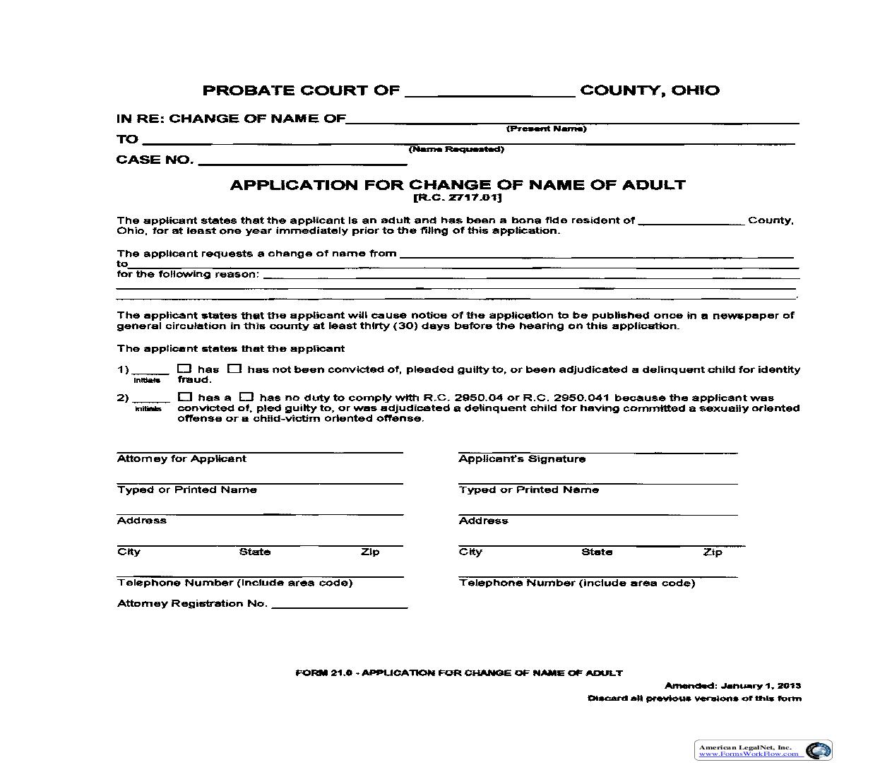 Application For Change Of Name Of Adult {21.0} | Pdf Fpdf Doc Docx | Ohio