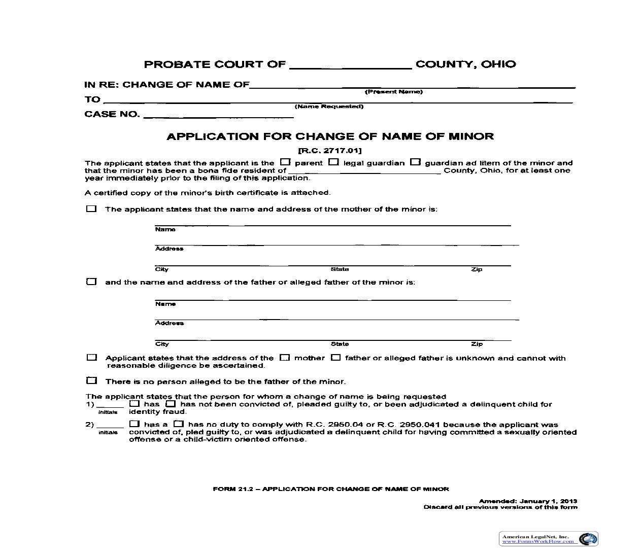 Application For Change Of Name Of Minor {21.2} | Pdf Fpdf Doc Docx | Ohio