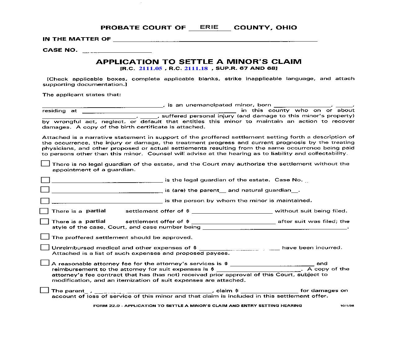 Application To Settle A Minors Claim {22.0} | Pdf Fpdf Doc Docx | Ohio