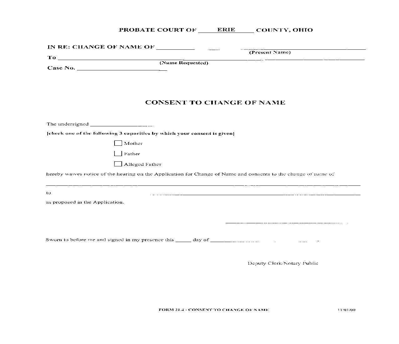 Consent To Change Of Name {21.4} | Pdf Fpdf Doc Docx | Ohio