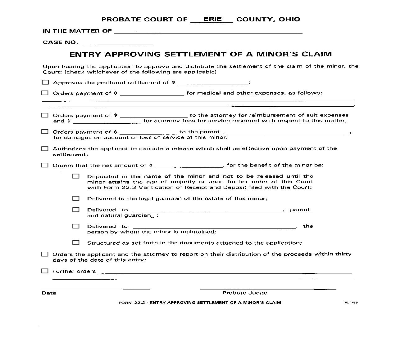 Entry Approving Settlement Of A Minors Claim {22.2} | Pdf Fpdf Doc Docx | Ohio
