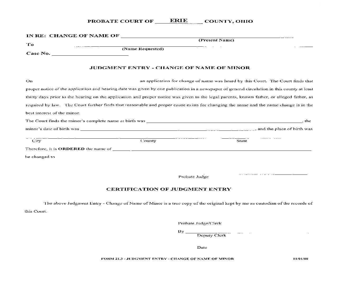 Judgment Entry Change Of Name Of Minor {21.3} | Pdf Fpdf Doc Docx | Ohio