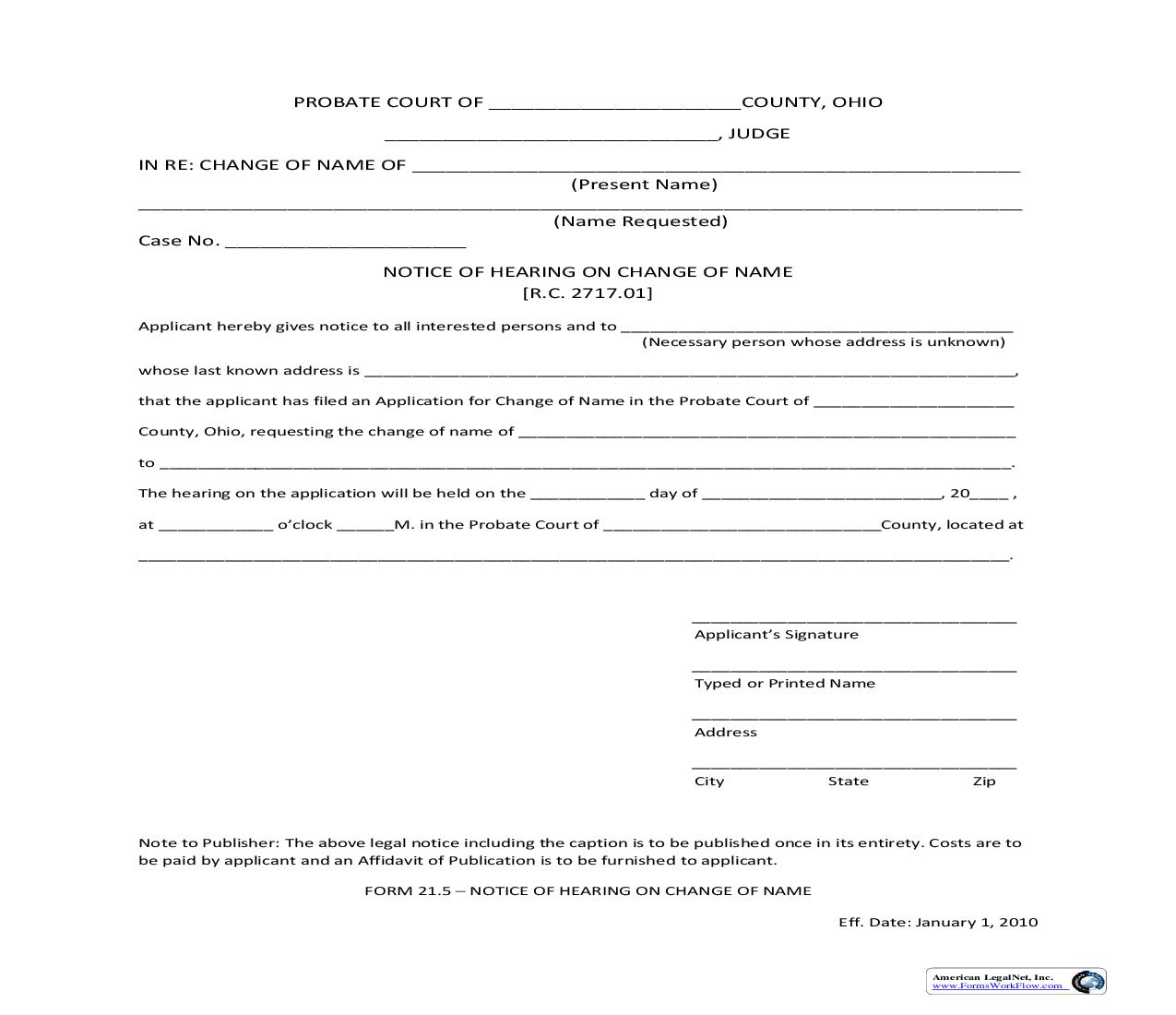 Notice Of Hearing On Change Of Name {21.5} | Pdf Fpdf Doc Docx | Ohio