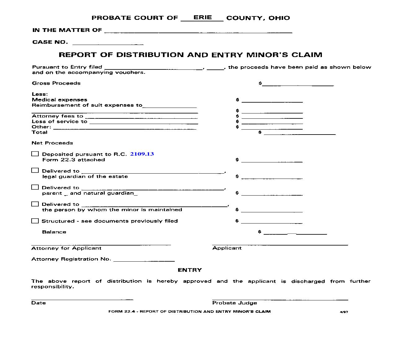 Report Of Distribution And Entry Minors Claim {22.4} | Pdf Fpdf Doc Docx | Ohio