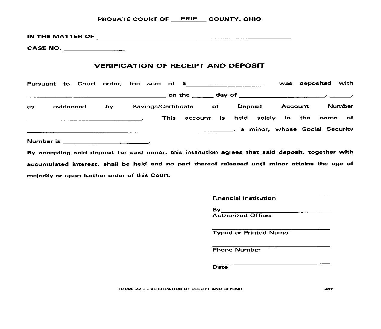 Verification Of Receipt And Deposit {22.3} | Pdf Fpdf Doc Docx | Ohio