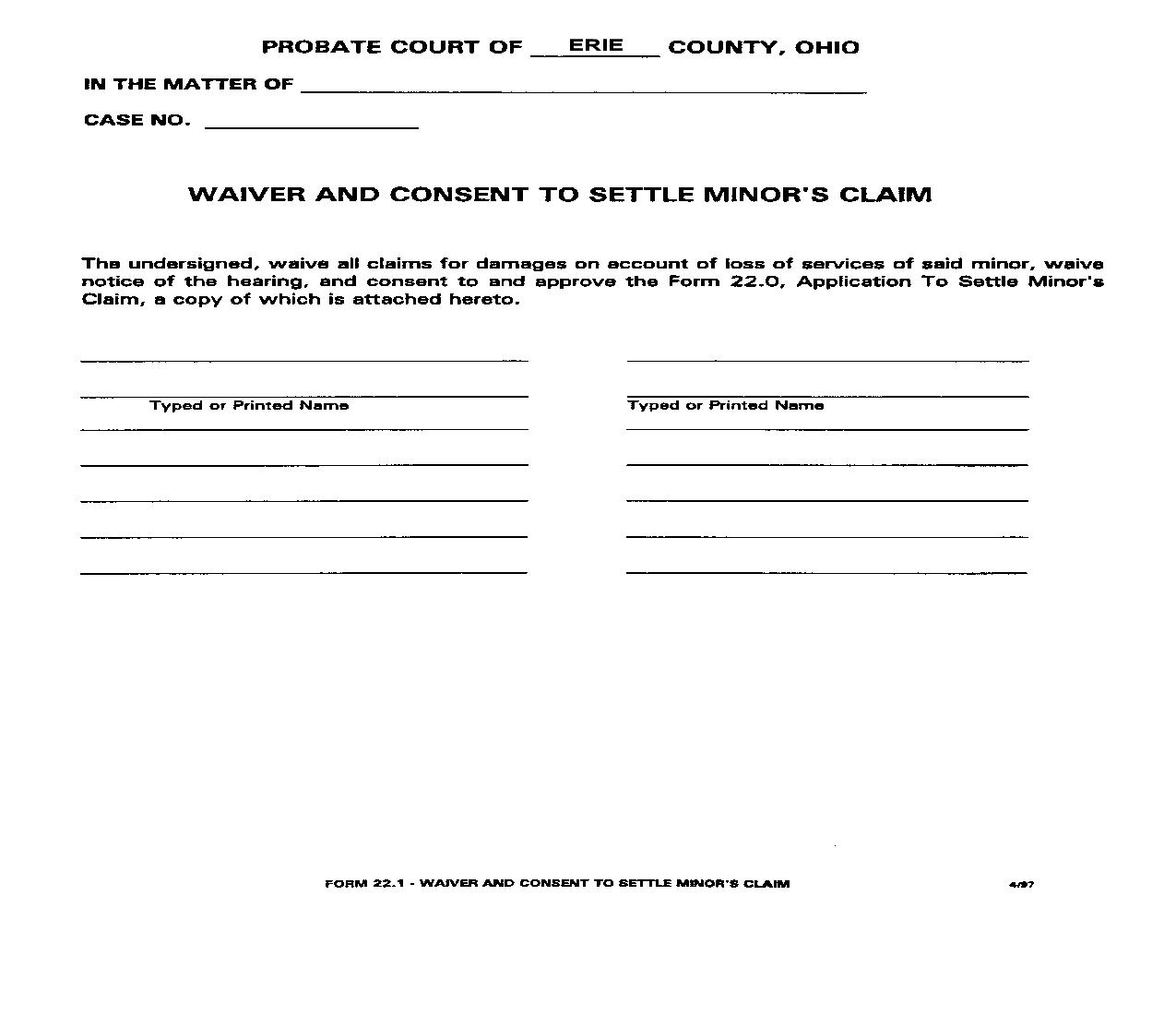 Waiver And Consent To Settle Minors Claim {22.1} | Pdf Fpdf Doc Docx | Ohio