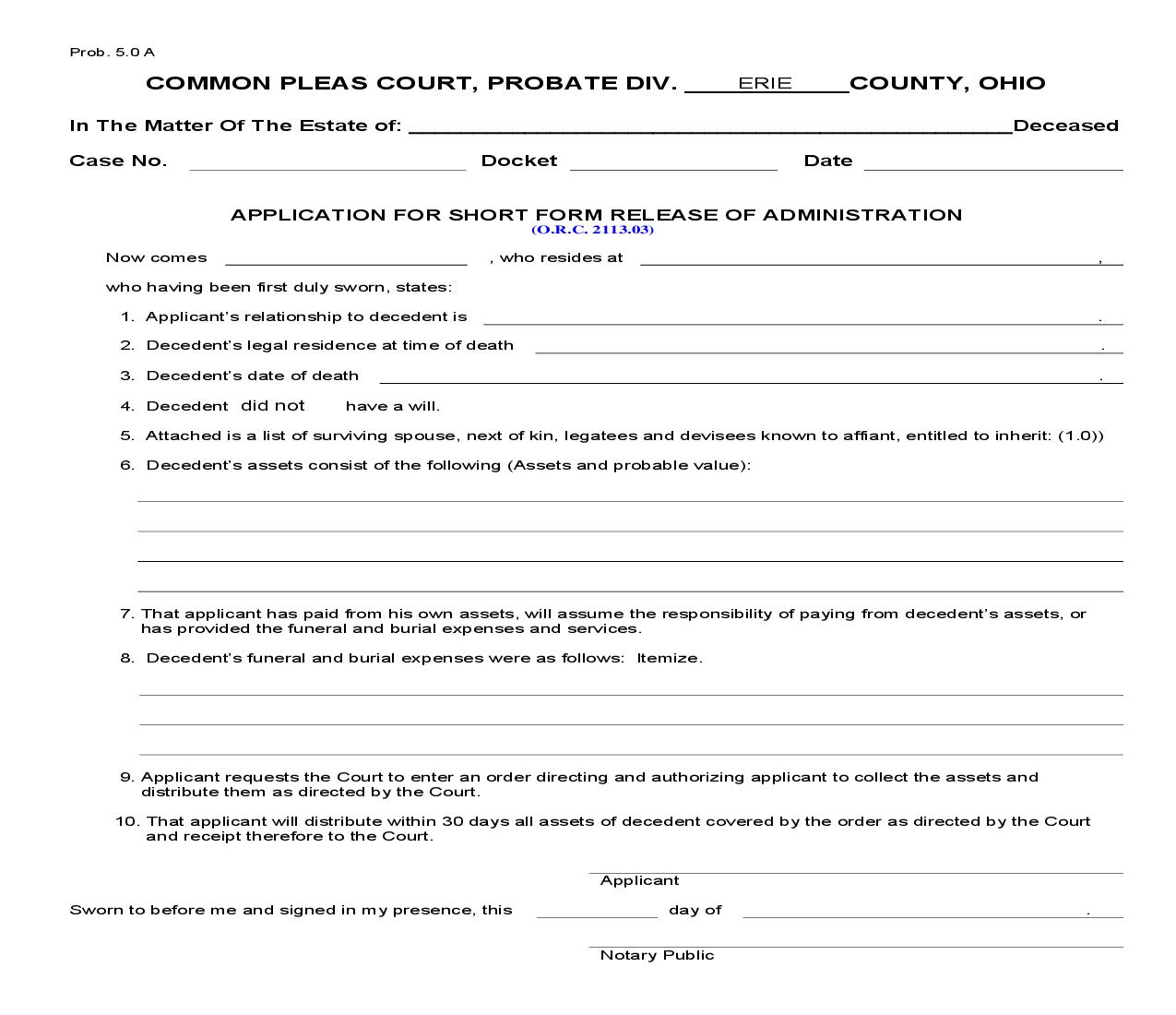 Application For Short Form Release From Administration {5.0A} | Pdf Fpdf Doc Docx | Ohio